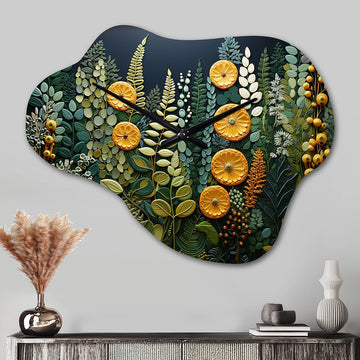 Yellow Ferns Plant Forest Tapestry - Asymmetric Metal Wall Clock